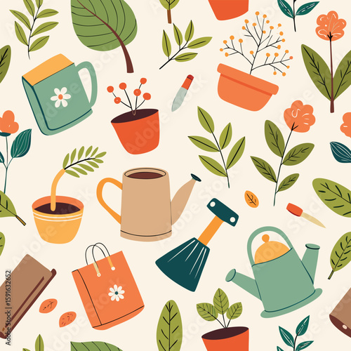 Delightful hand-drawn seamless pattern featuring gardening tools and blooming plants in a flat design style
