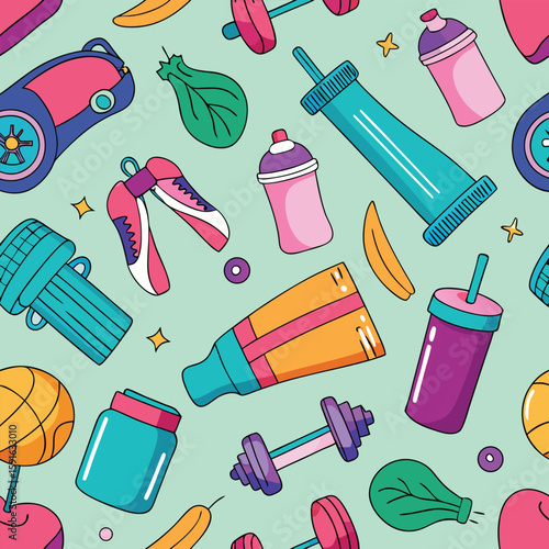 Hand-drawn or doodle seamless pattern of fitness equipment including dumbbells and water bottles on a green background