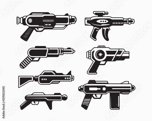 Collection of seven black and white futuristic ray gun illustrations on a white background design layout