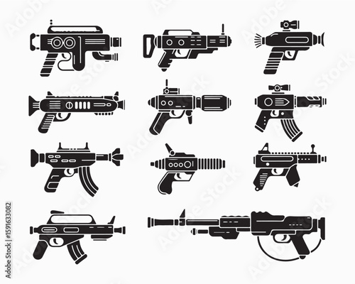 Collection of black and white futuristic ray guns and blasters on a white background in vector format