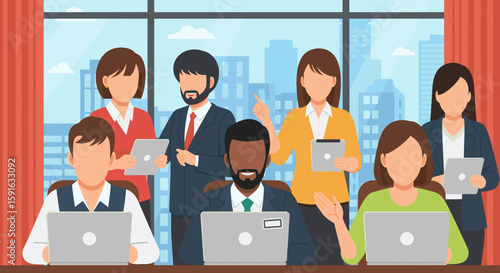Diverse team of business professionals working collaboratively on laptops and tablets in a modern office setting. Ideal for websites, presentations, and marketing materials.
