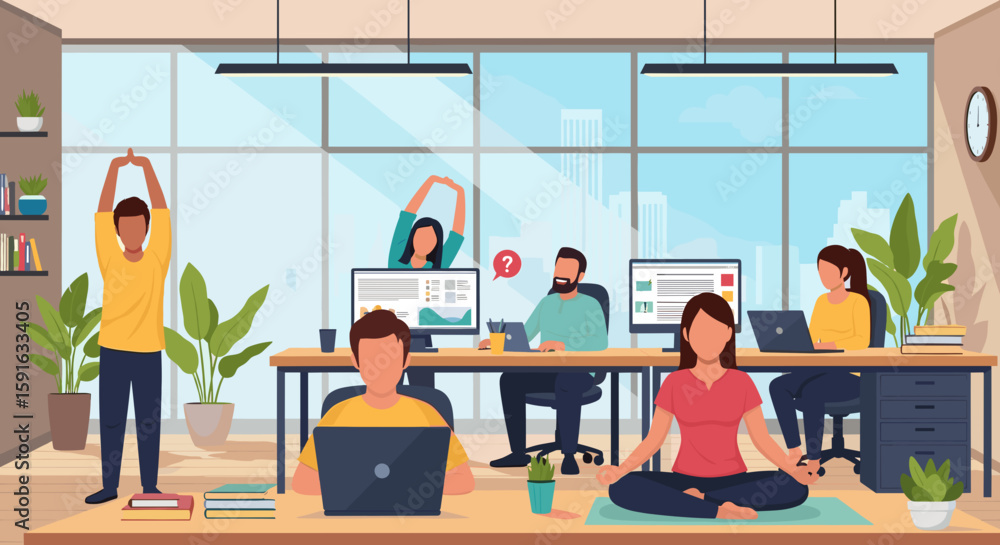 Fototapeta premium Modern office workers taking breaks for yoga and stretching; perfect for articles on well-being or work-life balance.