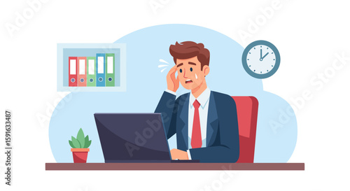 Stressed businessman working on laptop, perfect for illustrating burnout, deadline pressure, or workplace stress in presentations or articles.