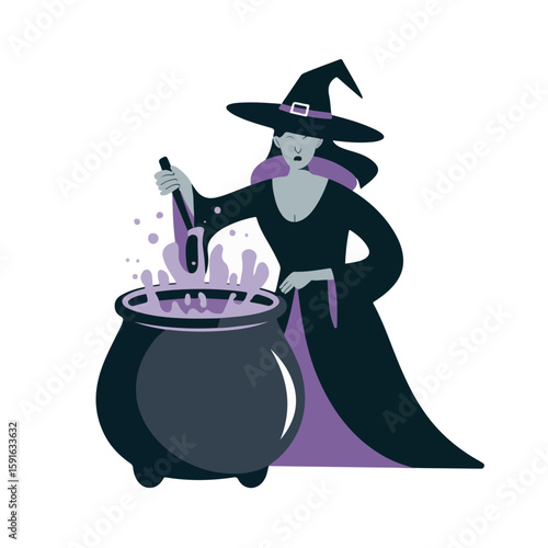 Cartoon Halloween witch stirring green magic potion in large cauldron