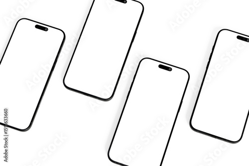 Four modern smartphones with blank screens arranged on white surface
