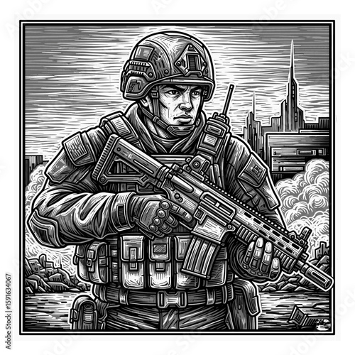 A future soldier engraving Illustration, drawn in an engraved, woodcut style with fine details in a sketch engraving vector illustration. Scratchboard imitation. Black and white image. flat vector 