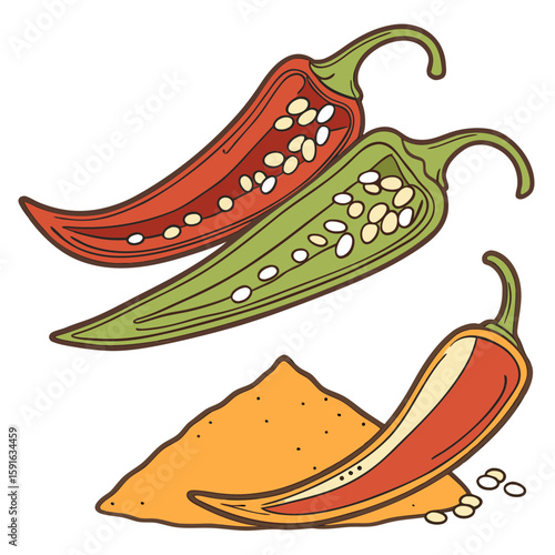 Two chili peppers, one red and one green, sliced open with seeds, next to a pile of spice vector