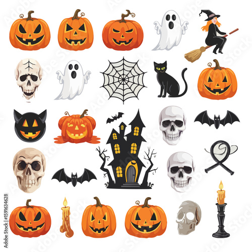 Halloween spooky icons collection with pumpkin jack o lantern ghost witch hat skeleton coffin tombstone bat owl skull spider web illustration set, Halloween spooky icons collection 