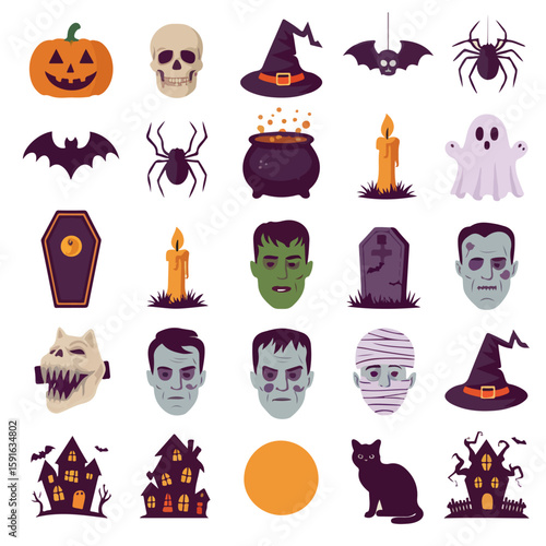 Halloween spooky icons collection with pumpkin jack o lantern ghost witch hat skeleton coffin tombstone bat owl skull spider web illustration set, Halloween spooky icons collection 