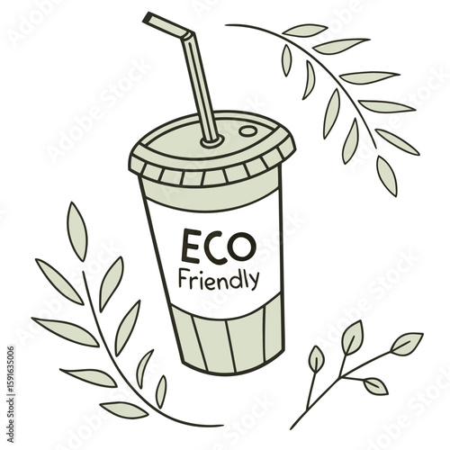 An ecofriendly drink cup with a straw and decorative leaves vector