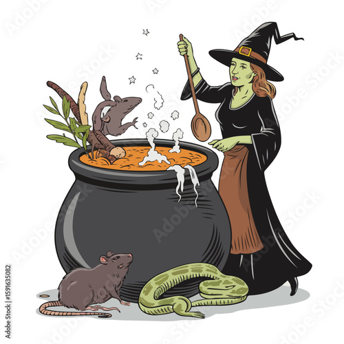 Cartoon Halloween witch stirring green magic potion in large cauldron