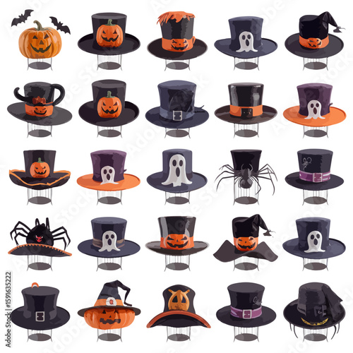 Halloween Hat Collection Pumpkins Ghosts Spiders Witch Costume Vector Illustration, set of Halloween Hats
