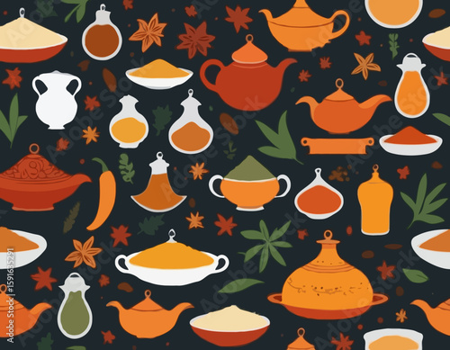 Vector Icons of Traditional Moroccan Cooking Ingredients – Spices, Tagine, Couscous
