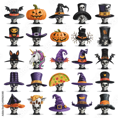 Halloween Hat Collection Pumpkins Ghosts Spiders Witch Costume Vector Illustration, set of Halloween Hats