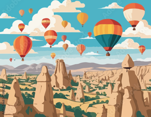 A dynamic vector scene of vibrant hot air balloons soaring over the iconic rock formations of Cappadocia, ideal for tourism, travel, or outdoor adventure concepts.