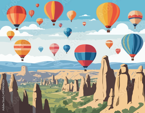 A dynamic vector scene of vibrant hot air balloons soaring over the iconic rock formations of Cappadocia, ideal for tourism, travel, or outdoor adventure concepts.