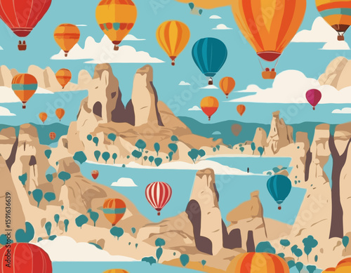 A dynamic vector scene of vibrant hot air balloons soaring over the iconic rock formations of Cappadocia, ideal for tourism, travel, or outdoor adventure concepts.
