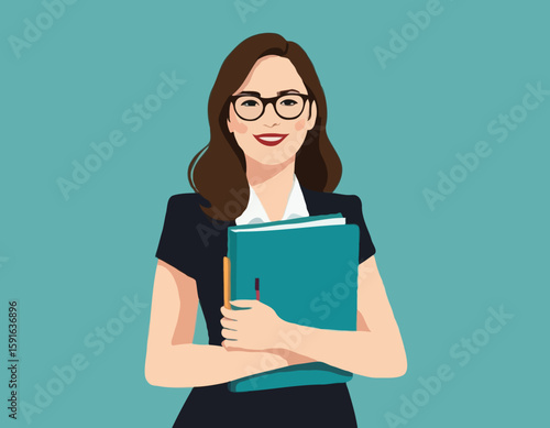 Business woman in glasses holding a folder in her hands. Vector illustration. Happy Women's Day greeting card.