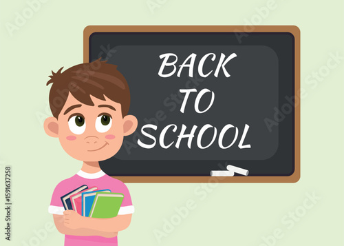 Vector illustration for educational platform, school, advertising. Back to School flat vector design. Smiling boy holding books and ready to learn. A blackboard with the inscription 