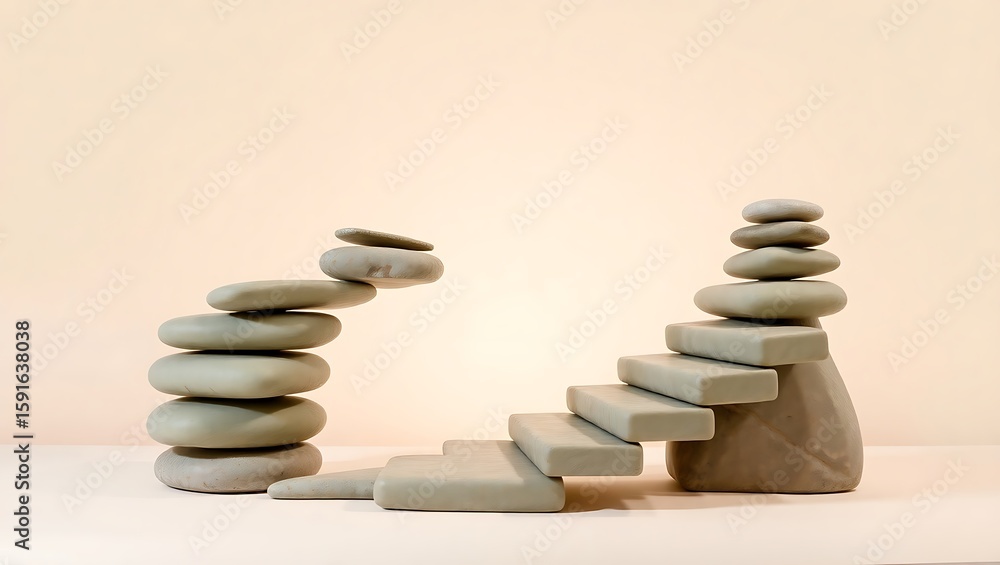 Fototapeta premium A zen arrangement of balanced stones and stone steps against a neutral colored background studio shot