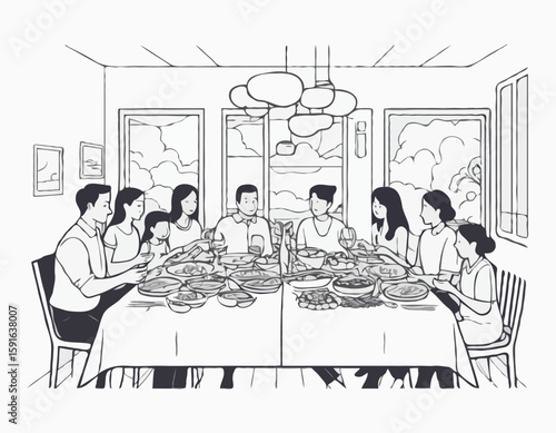 Monochrome Line Art Scene of a Family Reunion Dinner