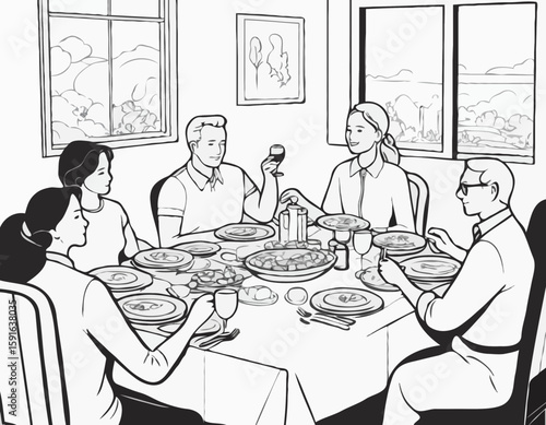 Monochrome Line Art Scene of a Family Reunion Dinner