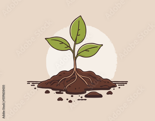 Minimalist Line Art of a Seedling Sprouting from Soil