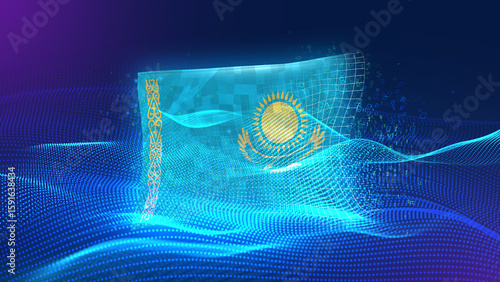 kazakhstan A futuristic digital background merging with a national flag symbol, representing the concept of technology, innovation, and digital transformation while preserving cultural identity.