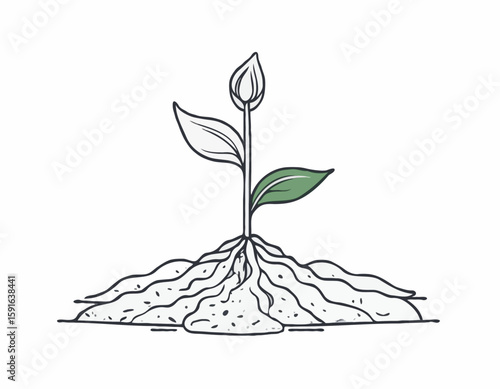 Minimalist Line Art of a Seedling Sprouting from Soil