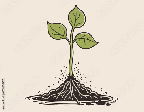 Minimalist Line Art of a Seedling Sprouting from Soil