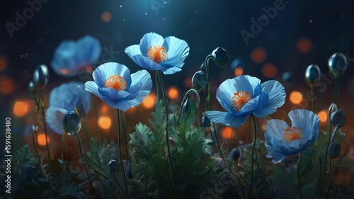 A group of fantastical blue poppies with glowing golden centers, set against a dark background with scattered sparks of light.