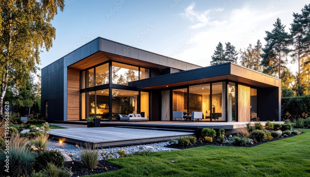 Fototapeta premium Modern house exterior at sunset (1)