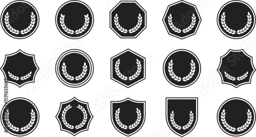 Collection of laurel wreath vectors in assorted geometric shapes creates decorative symbols for elegant design elements.