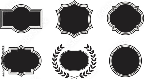 Elegant collection of assorted black frames and labels with decorative borders for classic design and signage elements.