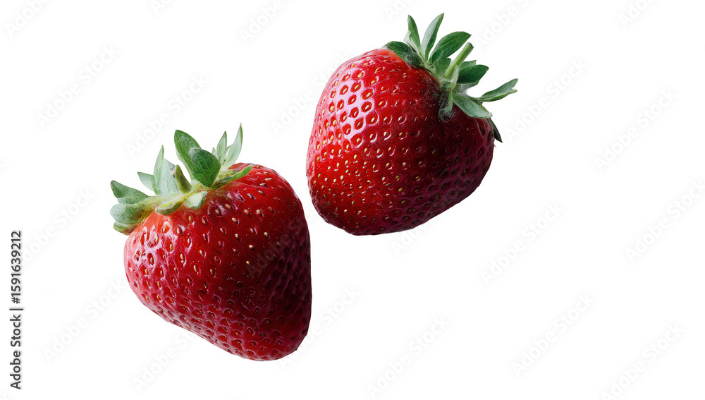 Two fresh, vibrant strawberries against black background Two fresh, vibrant strawberries against black background