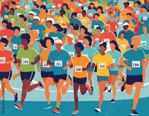 Colorful Marathon Race with Diverse Runners on Curvy Road