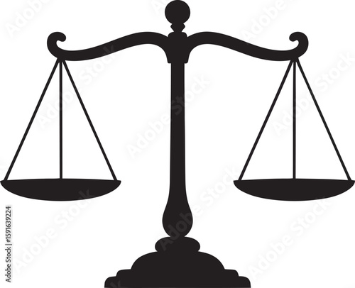 Scales of justice silhouette representing law, equality, fairness and legal balance on a clean white backdrop.