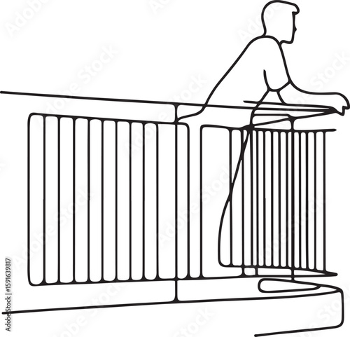 Minimalist line art of person leaning on balcony rail