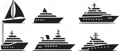 Black and white boats showcase a sailboat and yacht collection, perfect for maritime designs and nautical themes.