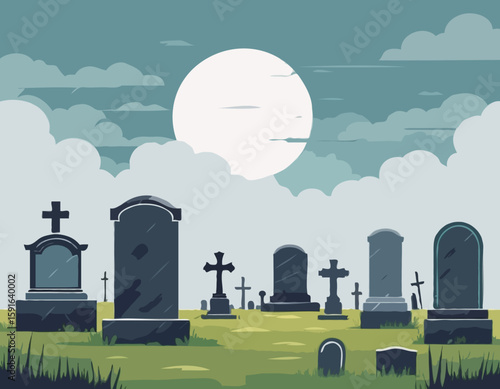 Old Cemetery with Weathered Tombstones Under Cloudy Sky