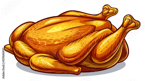 Whole roasted chicken with golden crispy skin sits centered on white background. Juicy texture and browned wings make it ideal for a delicious, home-cooked style vector food artwork.