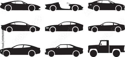 Sleek silhouette collection displays various car models in black on a clean white background, from sports cars to a pickup truck.