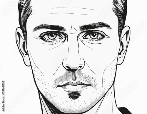 Hand-Drawn Male Face with Intense Eyes in Ink Illustration