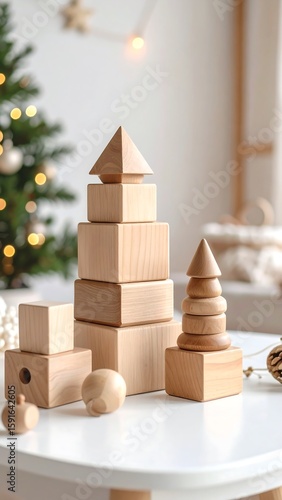 Wooden stacking blocks and toys on a table, Christmas tree in background
