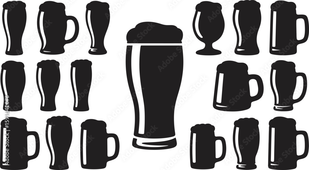 Fototapeta premium Assorted beer glasses and mugs illustration, presenting a variety of drinkware silhouettes in black against a clean white backdrop