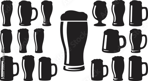 Assorted beer glasses and mugs illustration, presenting a variety of drinkware silhouettes in black against a clean white backdrop