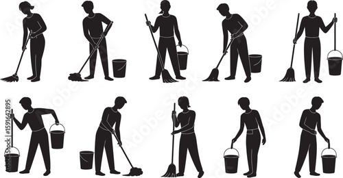 Silhouettes showcase cleaning activities, featuring mops, buckets, and various postures of individuals sweeping and mopping.