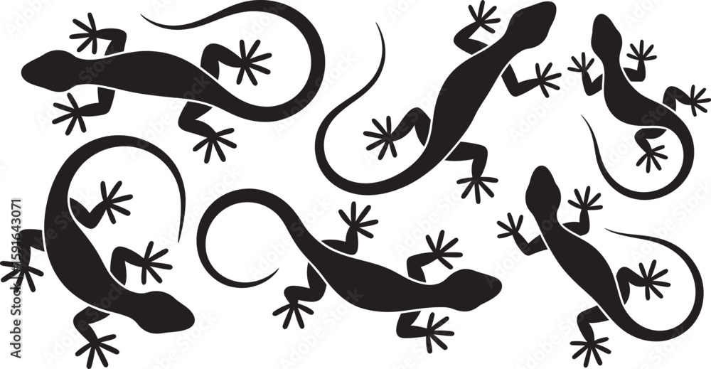 Fototapeta premium Six charming gecko silhouettes create a unique pattern on a clean, white background in a striking, graphic design.