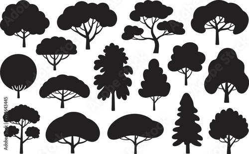 Variety of stylized tree silhouettes in black, forming a diverse arboreal collection for graphic design purposes.