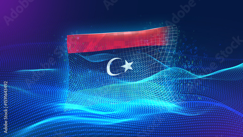 libya A futuristic digital background merging with a national flag symbol, representing the concept of technology, innovation, and digital transformation while preserving cultural identity.